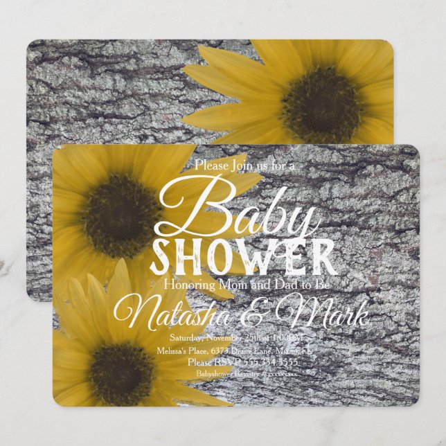 Realistische Birchwood Sunflowers Baby Dusche Einladung (Vorne/Hinten)