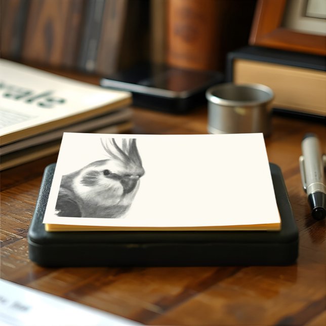 Realistische Cockatiel Portrait Bird Illustration Post-it Klebezettel (Cockatiel notepad illustrated in realistic style. Monochromatic charcoal pencil on vintage white)