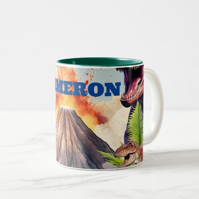 Realistische Dinosaurier und Volcano-Individuelle  Zweifarbige Tasse (VorderseiteRechts)