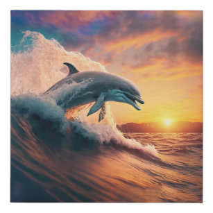 Realistische Dolphin Jumping Ocean Sunset Kids Adu Künstlicher Leinwanddruck