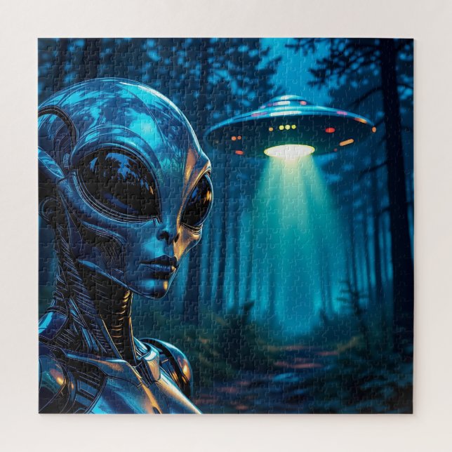 Realistische Hyper-Alien und UFO im Wald (Vertikal)
