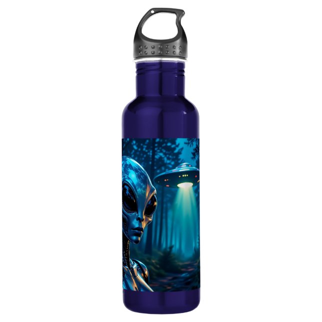 Realistische Hyper-Alien und UFO im Wald Edelstahlflasche (Vorderseite)