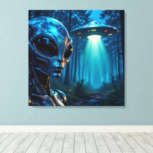 Realistische Hyper-Alien und UFO im Wald Leinwanddruck