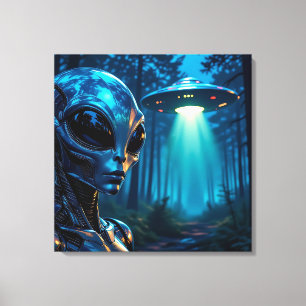 Realistische Hyper-Alien und UFO im Wald Leinwanddruck