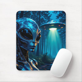 Realistische Hyper-Alien und UFO im Wald Mousepad
