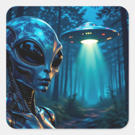 Realistische Hyper-Alien und UFO im Wald Quadratischer Aufkleber