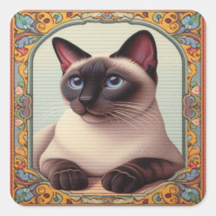 Realistische süße siamesische Katze bunte Blumenum Quadratischer Aufkleber