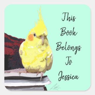 Realistischer Cockatiel Bird auf Büchern Niedlich Quadratischer Aufkleber