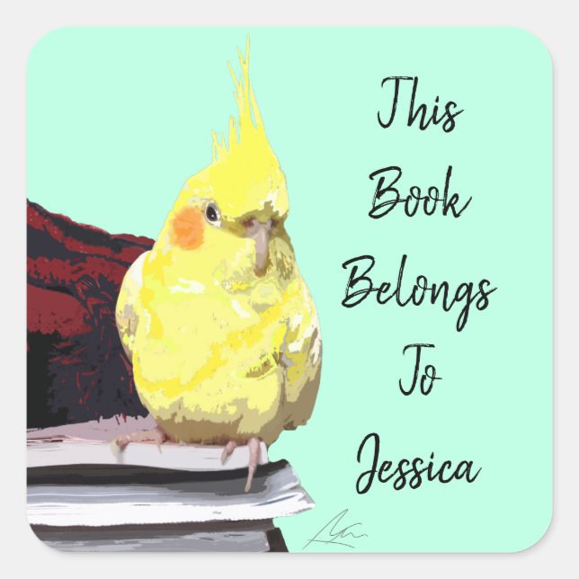 Realistischer Cockatiel Bird auf Büchern Niedlich  Quadratischer Aufkleber (Vorderseite)