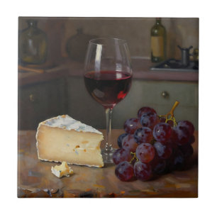 Realistischer Rotwein-Käse-Trauben-Stillleben Fliese