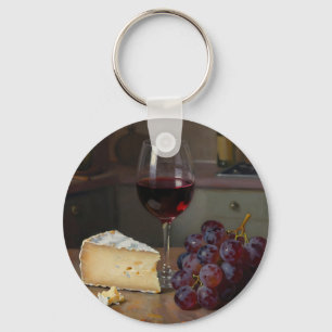 Realistischer Rotwein-Käse-Trauben-Stillleben Schlüsselanhänger