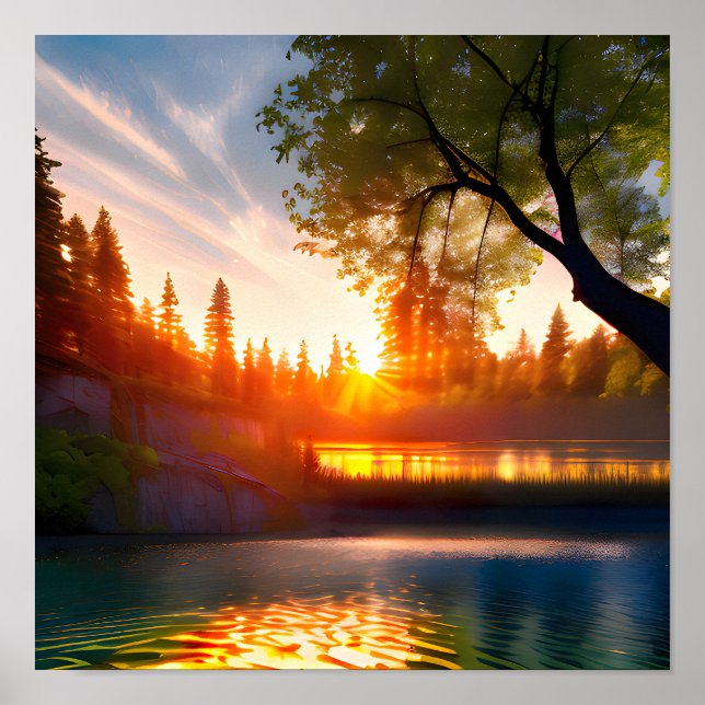 Realistisches Foto Wasserfall im Sonnenuntergang Poster (Vorne)