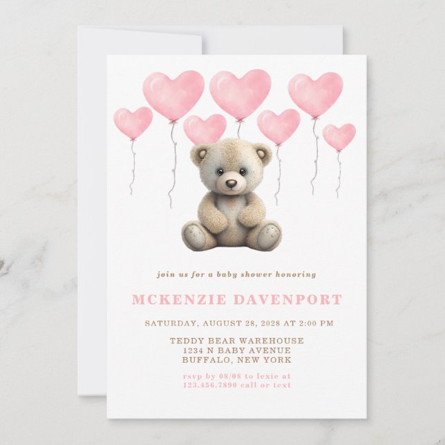 Realistisches Teddy Bear Pink Balloon Girl Baby Sh Einladung (Vorderseite)
