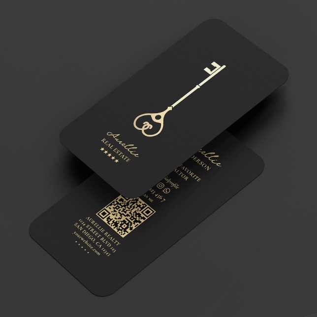 Realtor Black Key Moderner Elegante Broker Visitenkarte (Realtor Black Gold Key Modern Elegant Broker Business Card
)