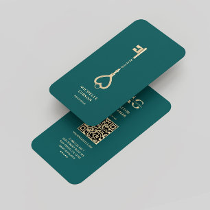 Realtor Dark Aquamarin Gold Key Monogram Modern Visitenkarte