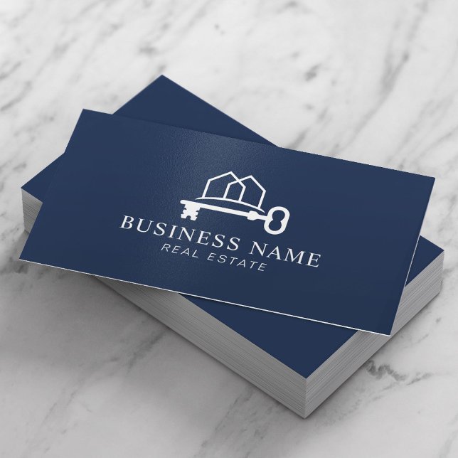 Realtor House & Key-Logo Navy Blue Real Anwesen Visitenkarte (Von Creator hochgeladen)