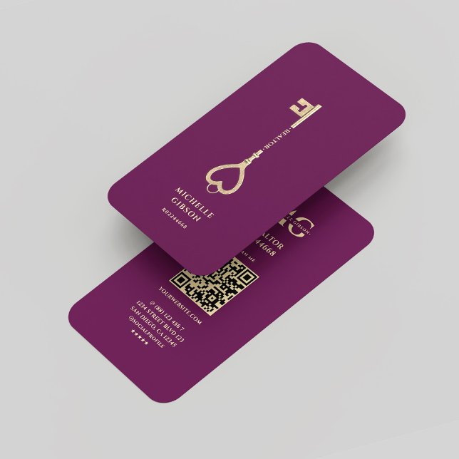 Realtor Luxor Lila Gold Key Monogram Modern Visitenkarte (Realtor Luxury Purple Gold Key Monogram Modern Business Card
)