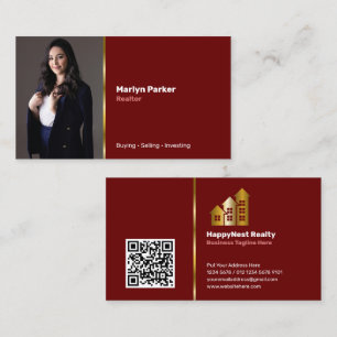 Realtor Persönliches Foto, QR-Code, Logo-Maroon Visitenkarte