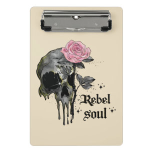 Rebel-Soul - Gothischer Schädel mit rosa Rose Mini Klemmbrett