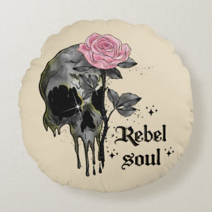 Rebel-Soul - Gothischer Schädel mit rosa Rose Rundes Kissen