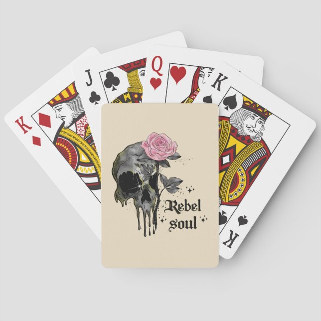Rebel-Soul - Gothischer Schädel mit rosa Rose Spielkarten (Rückseite)
