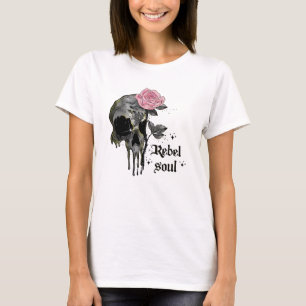 Rebel-Soul - Gothischer Schädel mit rosa Rose T-Shirt