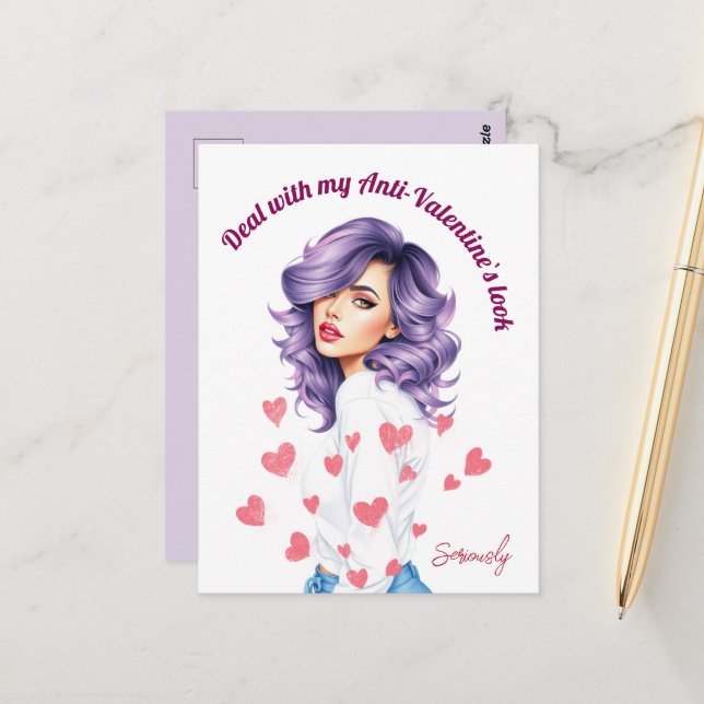 Rebell lila Haar Schönheit`s Anti-Valentine Postkarte (Vorderseite/Rückseite Beispiel)