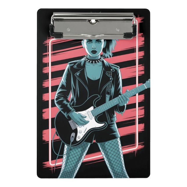 Rebellious Rock Star: Female Guitarist in Leather  Mini Klemmbrett (Vorderseite)