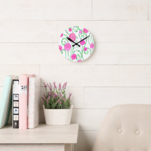 Reben der grünen und rosa Blume Runde Wanduhr