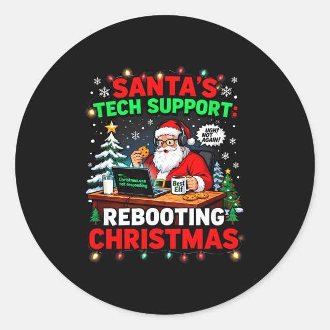 Rebooting Funny Santa's Tech Suprt Christmas Compu Runder Aufkleber (Vorderseite)