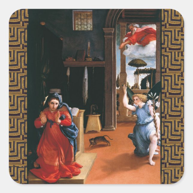 RECANATI ANNUNCIATION by Lorenzo Lotto Quadratischer Aufkleber (Vorderseite)