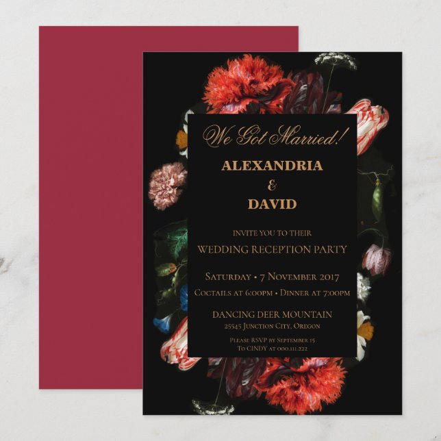 Réception de mariage Invitation Floral noir (Devant / Derrière)