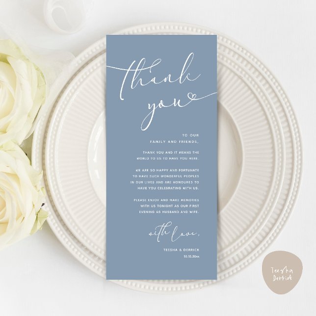 Réception de mariage romantique moderne Carte de r (Modern Romantic Wedding Reception Dinner Thank You Card in Dusty Blue)