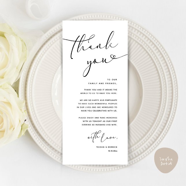 Réception de mariage romantique moderne Carte de r (Modern Romantic Wedding Reception Dinner Thank You Card in Black and White)