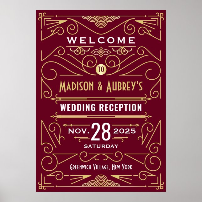 Réception Mariage Art Déco Gold Burgundy Bienvenue (Devant)