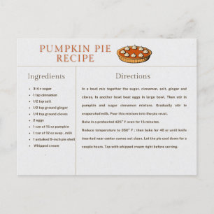 Recette citrouille à tarte Carte Thanksgiving et N