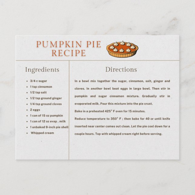 Recette citrouille à tarte Carte Thanksgiving et N (Devant)
