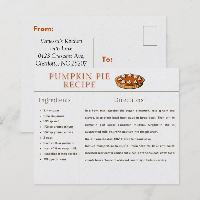 Recette citrouille à tarte Carte Thanksgiving et N (Devant / Derrière)