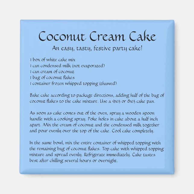 Recette de gâteau à la crème de coco sur un aimant (Devant)