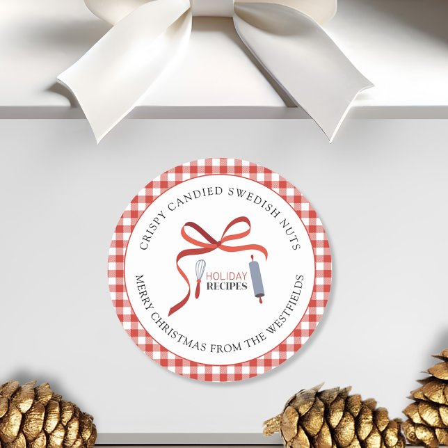 Recettes de vacances Étiquette cadeau de nourritur (Holiday Recipes Red Check Candied Swedish Nuts Merry Christmas Food Gift Label)