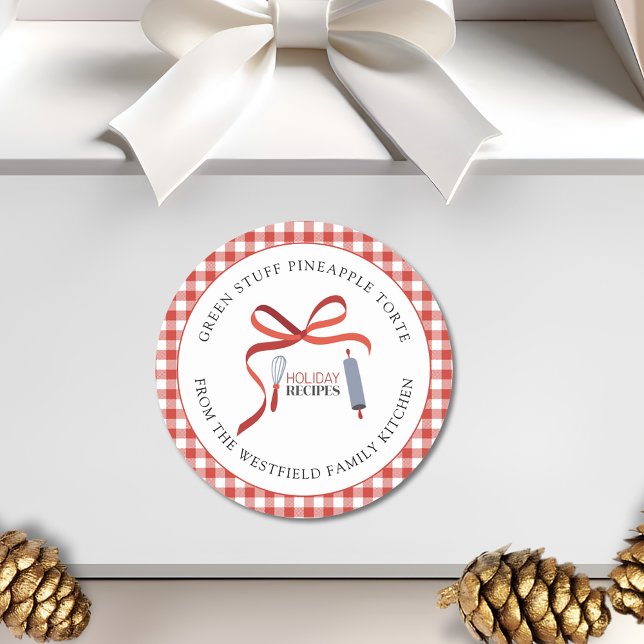 Recettes de vacances Étiquette cadeau de nourritur (Holiday Recipes Red Check Green Stuff -or Your Recipe- Christmas Food Gift Sticker)