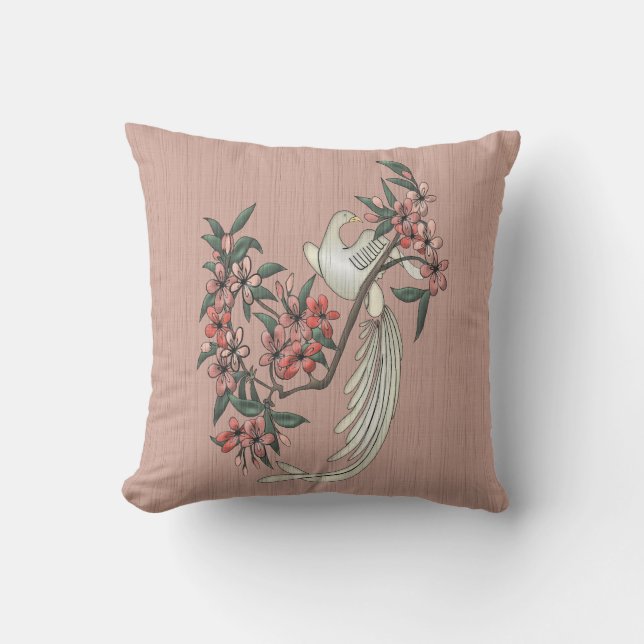 Rechts weißer Vogel - Kirschblüten 2 Pfirsich Kissen (Vorderseite)