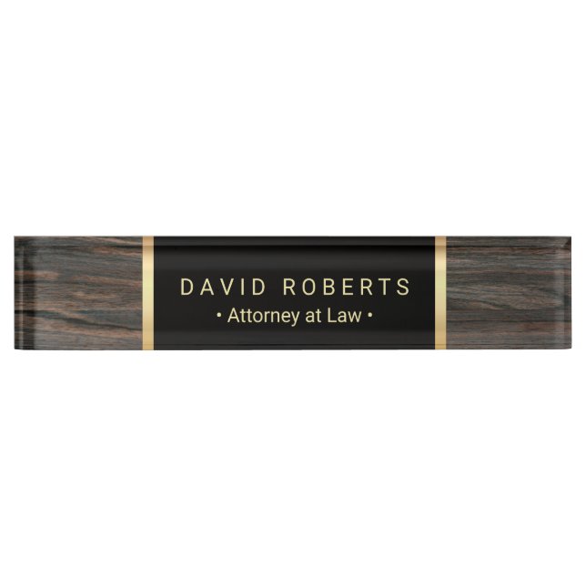 Rechtsanwalt Classic Black & Gold Holztextur Namensplakette (Vorderseite)