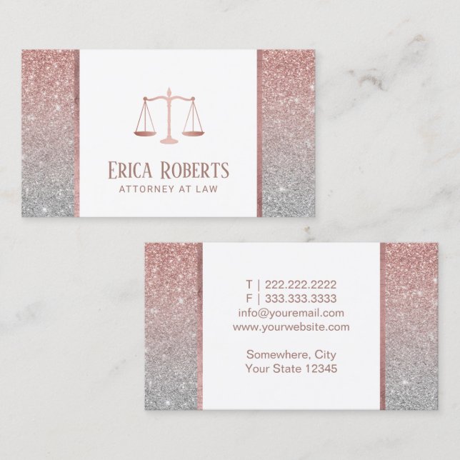 Rechtsanwalt Moderne Rose Gold & Silver Glitzer Visitenkarte (Vorne/Hinten)