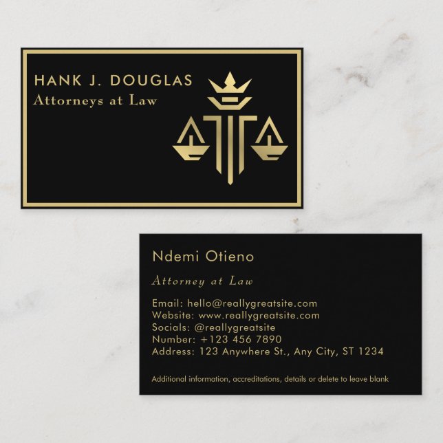 Rechtsanwältin Gold Scale Black Lawyer Business Visitenkarte (Vorne/Hinten)