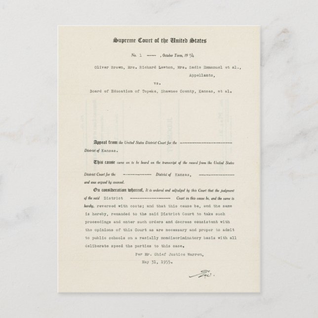 Rechtssache Brown/Rat der Bildung Topeka Postkarte (Vorderseite)