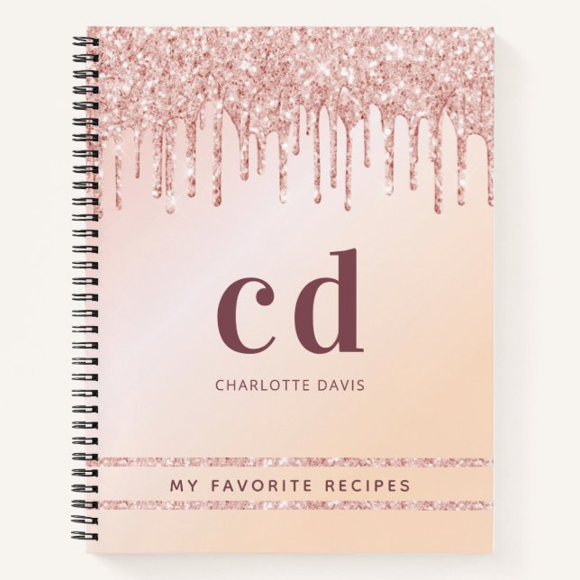 Recipe Rose Gold Rosa Glitzer Monogramm modern Notizbuch (Vorderseite)