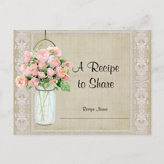 Recipe Rustic Country Mason Jar Blush Pink Roses Postkarte (Vorderseite)