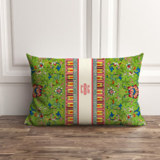 Rectangle Chinoiserie verte classique Coussin avec Monogramm