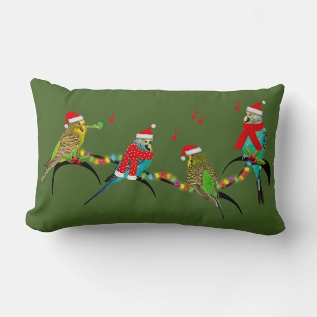 Rectangle Christmas Budgie Frenzy Coussin (Vert foncé) (Recto)